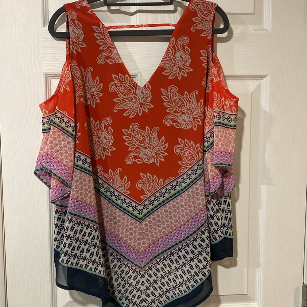 DR2 Paisley print sheer cold shoulder blouse